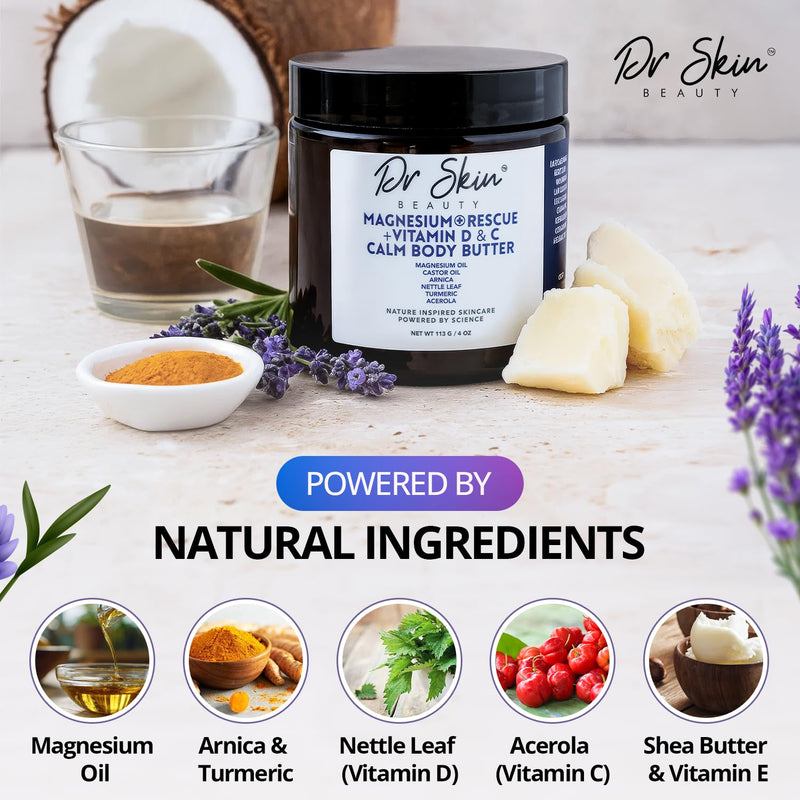 Dr Skin Magnesium + Vitamin D & C Body Butter - Lavender Muscle Relaxer Infused With Magnesium & Castor Oil - Apply Magnesium Cream to Legs, Arms & Chest - USA Made, 4oz (Lavender)