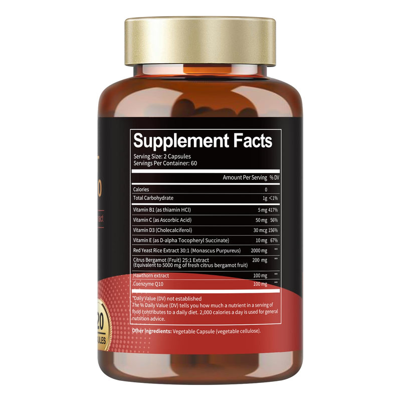 [Australia] - Red Yeast Rice 2,000mg with CoQ10 Supplement - Citrinin Free Extract Red Yeast Rice Capsules with CoQ10 100 Plus Citrus Bergamot - Cholesterol Lowering Supplements 3rd-Party Tested Vegan Non-GMO 120 Count (Pack of 1) 