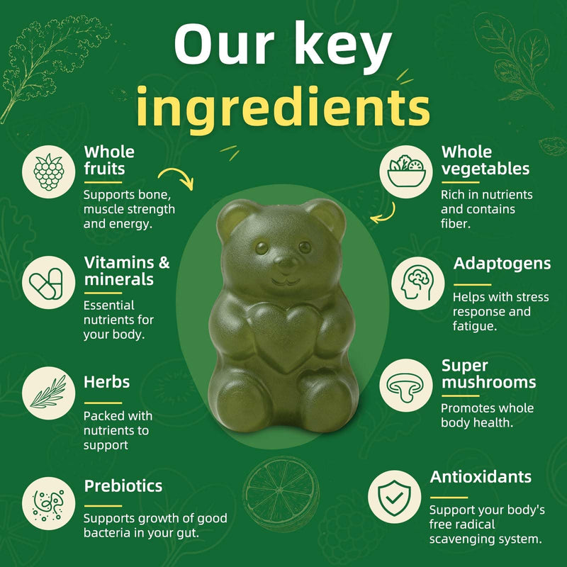 COOLKIN Greens Daily Gummies, Adult Super Greens Multivitamin Superfood Gummies with Spirulina, Chlorella, Adaptogens & Prebiotic Fiber - Digestive Health Support, (20 Count)