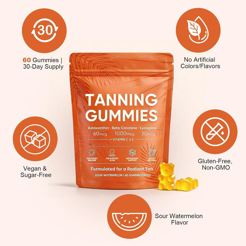 2026 New Skin Tanning Gummies for Women, Astaxanthin, Beta Carotene & Lycopene Blend with Vitamins C & E, Radiant Healthy Skin, Sour Watermelon Flavor, Vegan & Sugar-Free, 60 Count. (1 Pack)