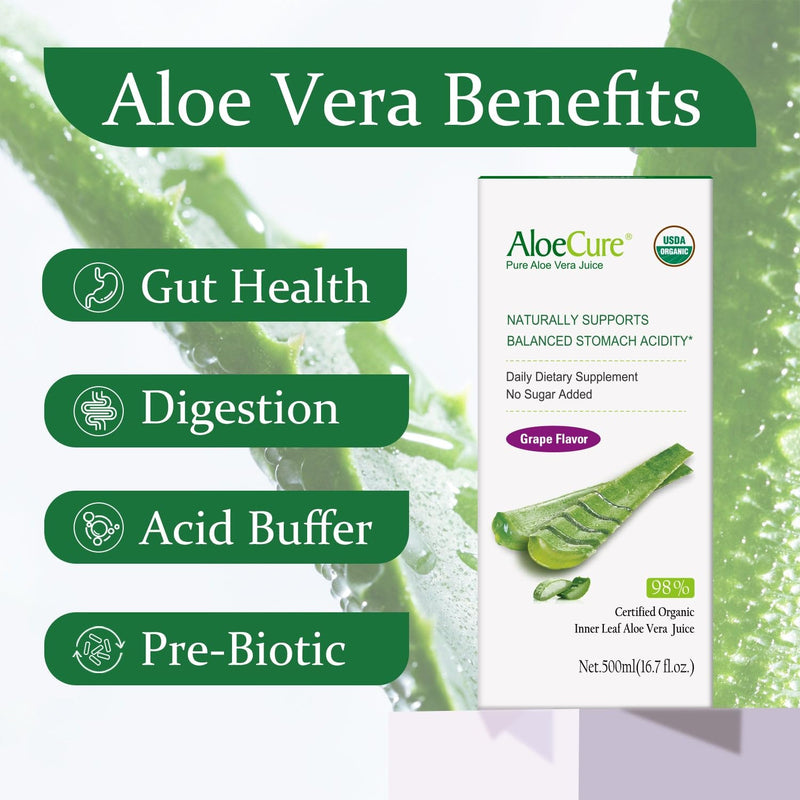 [Australia] - AloeCure USDA Organic Aloe Vera Juice Grape Flavor, Made Within 12 Hours of Harvest - Pure Aloe Juice Natural Digestive & Immune Support Supplement, Naturally Balances Stomach Acidity, 16.7oz Bottle 1 