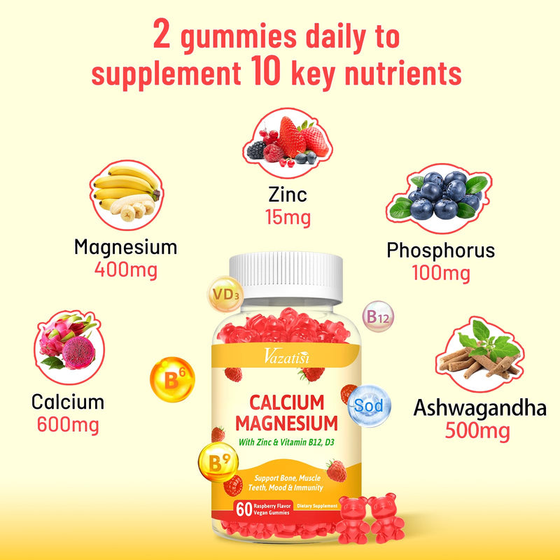 2 Pack Calcium Gummies with Magnesium, Zinc, Vitamin D3 & B12, Calcium Supplements for Women Men, Support Bone, Muscle and Immunity, 120 Vegan Raspberry Flavor Gummies 60 Count (Pack of 2)