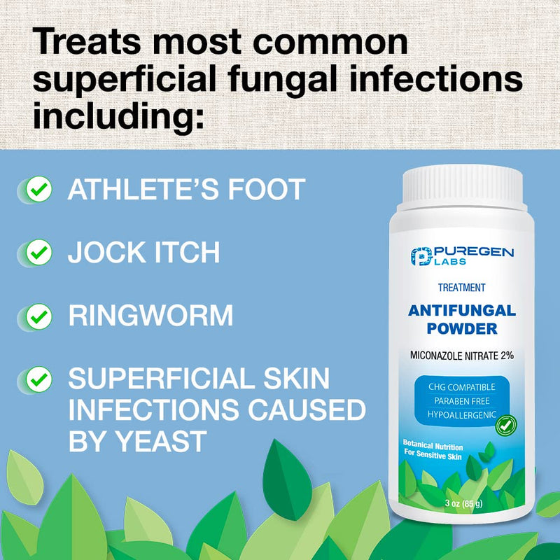 Puregen Labs Antifungal Powder with 2% Miconazole Nitrate for Common Fungal Infections Including Athlete’s Foot, Jock Itch and Ringworm, Talc Free, 3 oz (85g)