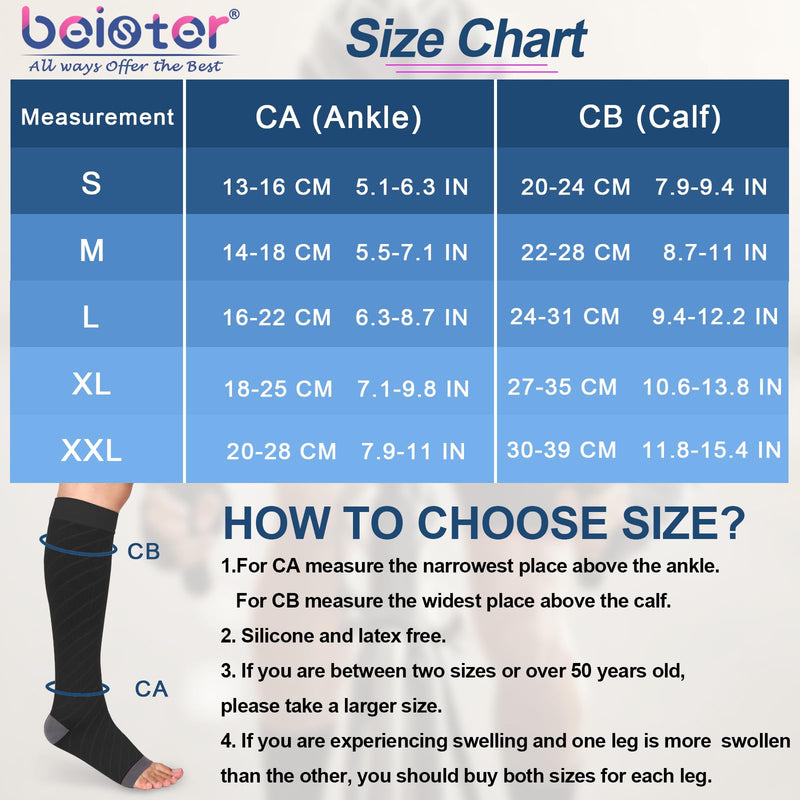 [Australia] - beister 20-30 mmHg Medical Compression Stockings for Men and Women, Open Toe Calf Compression Knee Socks, Graduated Support Stockings for Varicose Veins, Edema, Pregnancy Black Gray L 