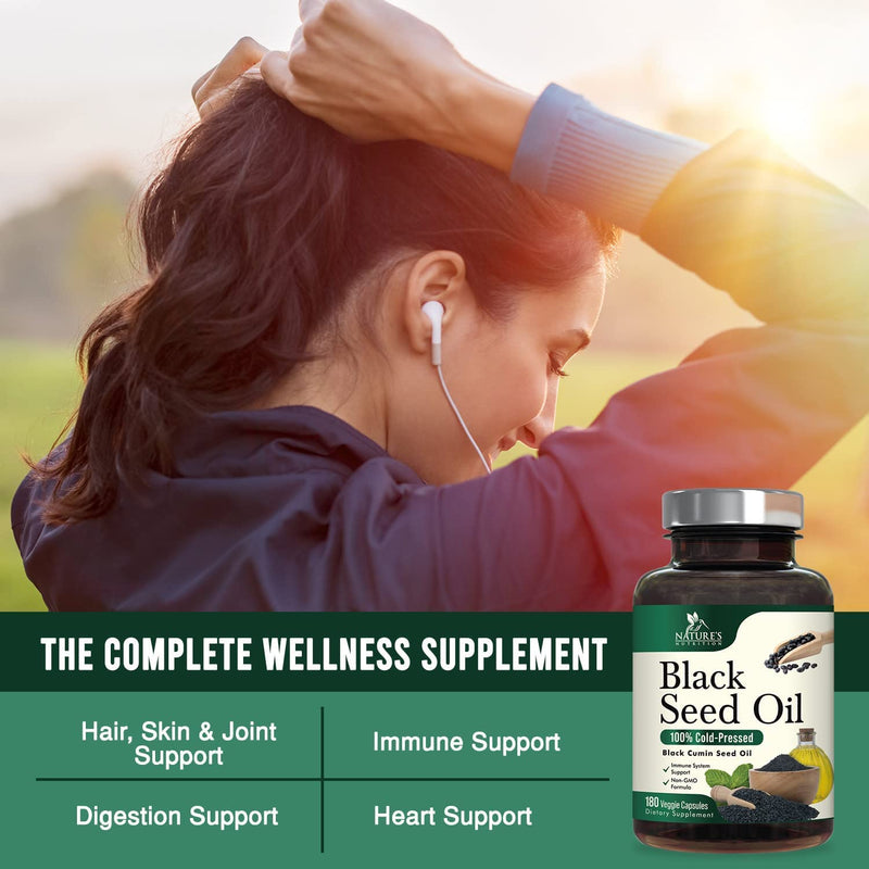 [Australia] - Black Seed Oil Capsules 1000mg - Vegan Cold-Pressed Nigella Sativa Black Seed Oil, Nature's Pure Black Cumin Seed Oil for Immune, Hair and Brain Support, Non-GMO - 180 Capsules 180 Count (Pack of 1) 