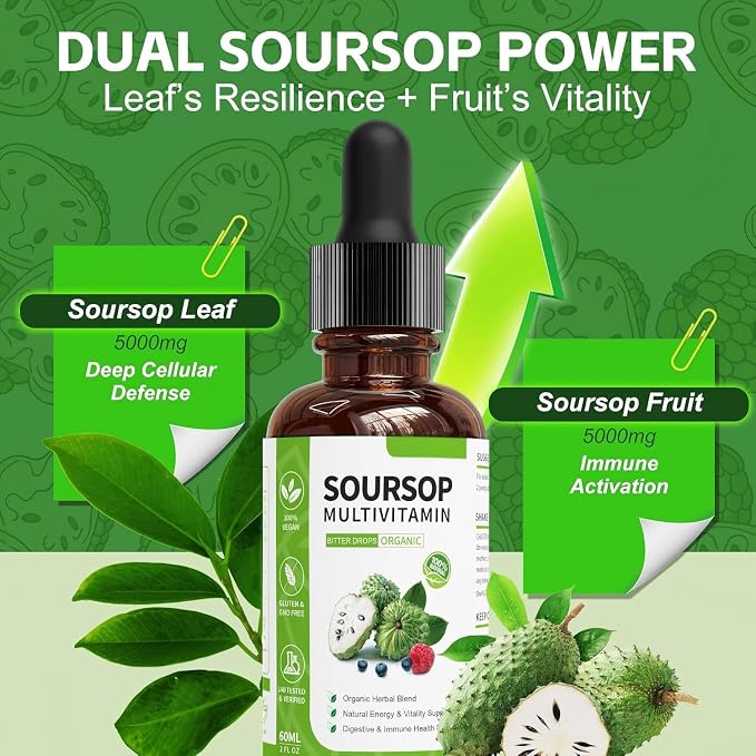 Soursop multivitamin Drop Natural Energy Booster, Immune Support, Vegan,Gluten Free,Non-GMO Vitamin B6,C,D, 60ml