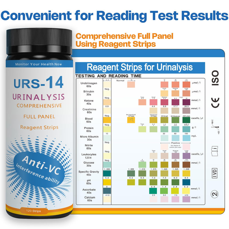 [Australia] - 14-Panels Urinalysis Test Strips | 120 Strips, Urinalysis and Detection for Kidney, Liver, UTI, Ketosis - SG, PRO, BIL, KET, CRT +9 More 