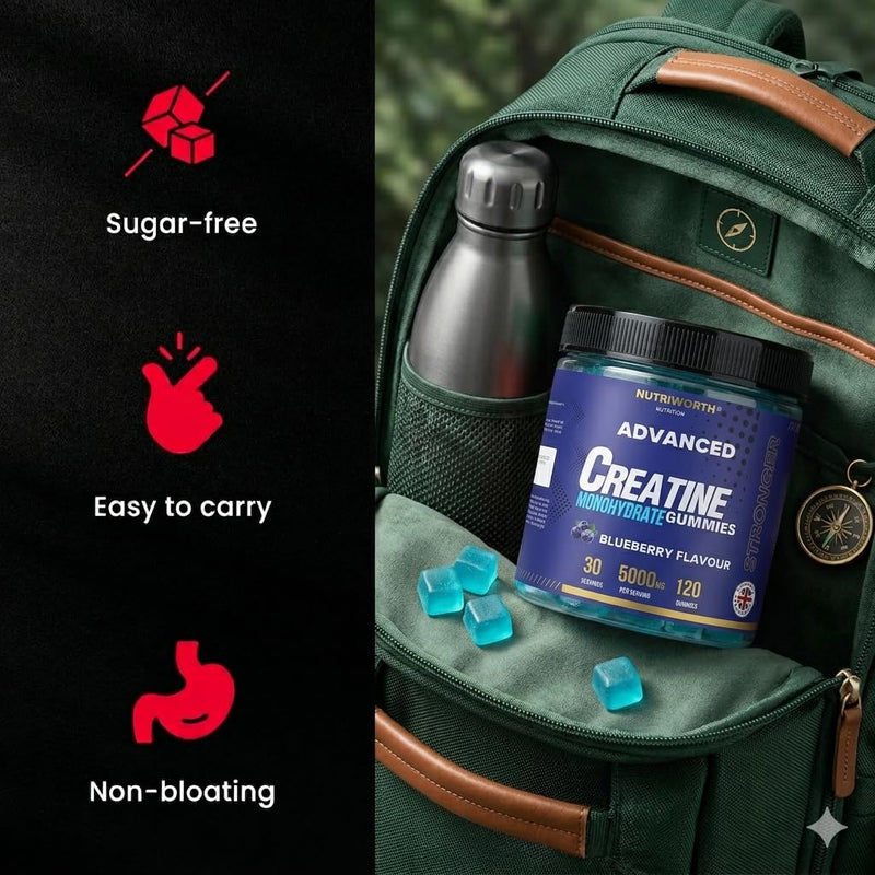 Creatine Gummies 5000mg | Lab Tested | Creatine Monohydrate | Full Month Supply | UK Formulated Vegan & Sugar Free | Pre/Post Workout Gym Supplement for Men & Women | 120 Counts - Blueberry