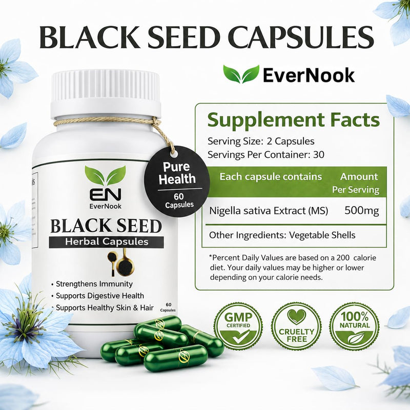 Black Seed Capsules 500mg – Nigella Sativa Extract Supplement – 60 Vegetarian Capsules – Black Cumin Seed Herbal Supplement for Immune Support, Digestive Health & Skin and Hair Support