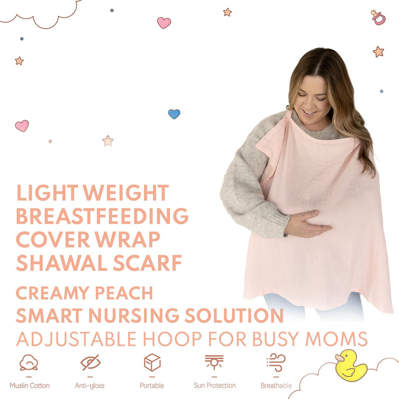 [Australia] - Muslin Nursing cover for breastfeeding mom with Adjustable hoop for hand free | breathable nursing cover up | 100% muslin cotton light weight breastfeeding cover wrap shawl scarf (peach) creamy peach 