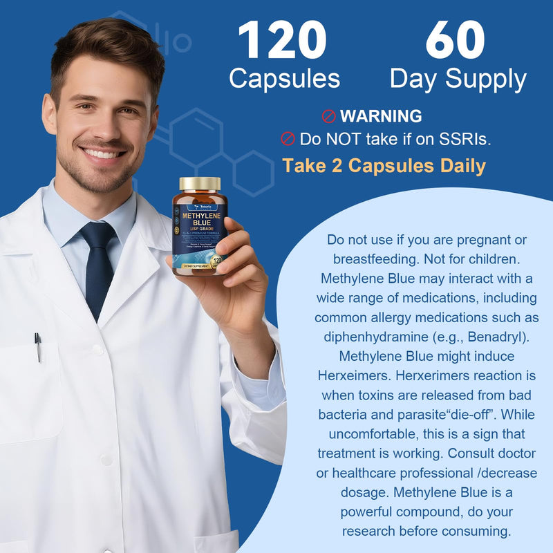 USP Methylene Blue Pharmaceutical Grade, Vitamin C Ester, Bacopa, Phosphatidylserine, Omega-3 Fatty Acids - 13 in 1 Upgrade Patented Brain Formula - Memory, Focus, Clarity, Cognitive, 120 Count 120 Count (Pack of 1)