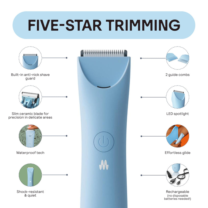 MERIDIAN Slimmer Trimmer – Electric Razor for Women, Bikini Line & Pubic Hair Trimmer, Rechargeable & Waterproof, Painless, Flawless Shave for Sensitive Skin, Gentle, Quiet & Travel-Friendly, Sky