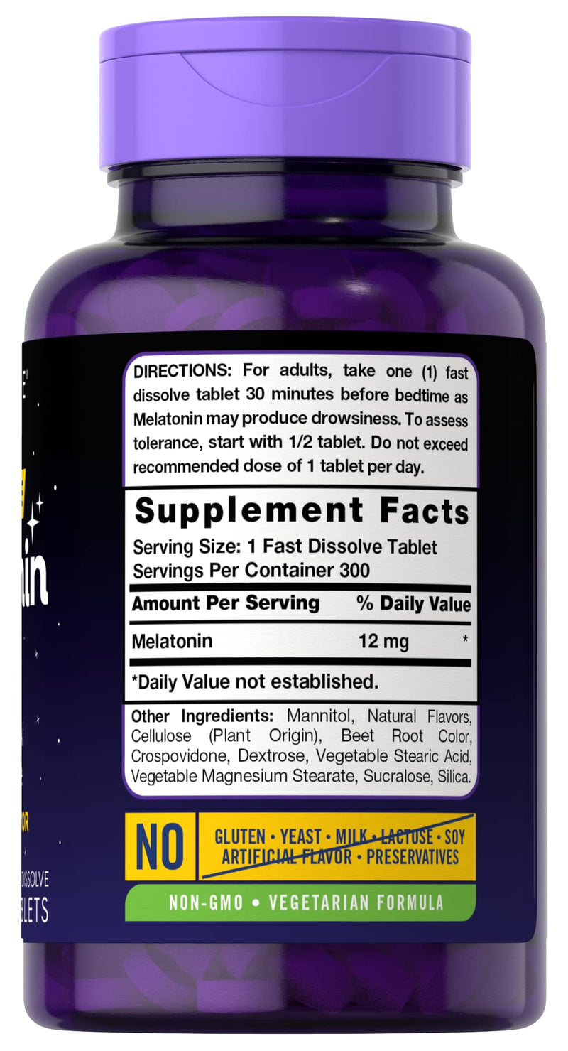 Carlyle Melatonin 12 mg Fast Dissolve 300 tablets | Drug Free | Natural Berry Flavor | Vegetarian, Non-GMO, Gluten Free