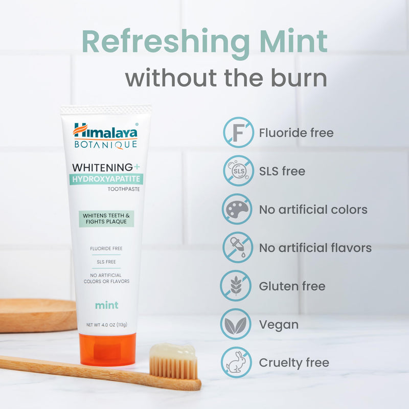 Himalaya Botanique Whitening+ Hydroxyapatite Toothpaste, Mint, 4 oz, Pack 4 | Nano Hydroxyapatite Toothpaste, Support Enamel Strength & Integrity,Great for Sensitive Teeth, Fluoride Free,SLS Free & Vegan 4 Ounce (Pack of 4) Adult Mint