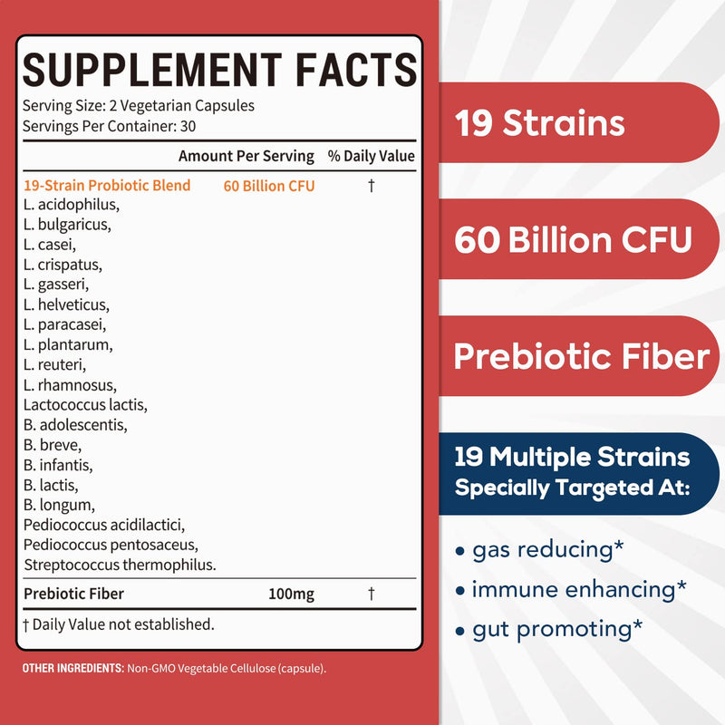 [Australia] - Probiotics 60 Billion CFU 19 Strains for Men & Women, with 100mg Prebiotic, Shelf Stable, 2-in-1 Daily Care Probiotic, Non-GMO, Digestive & Immune Health, 60 Veggie Capsules 60 Billion CFUs for Women and Men 60 Count 