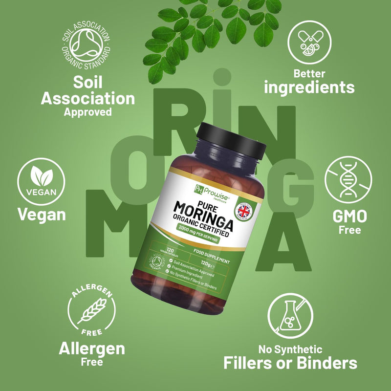 Organic Moringa 2000mg per Serving 120 Vegan Capsules | Moringa Oleifera Leaf Supplement | 100% Natural Soil Association Organic Certified | No Synthetic Binders or Fillers by Prowise