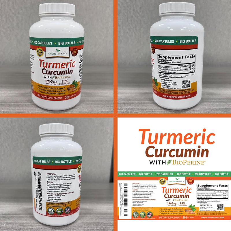 [Australia] - Turmeric Curcumin with Black Pepper BioPerine - 𝟮𝟬𝟬 𝗖𝗔𝗣𝗦𝗨𝗟𝗘𝗦 - Extra Strength 1965mg Joint Support Supplement, High Absorption, Made in USA with Organic Powder Vegan Extract Complex Pills 