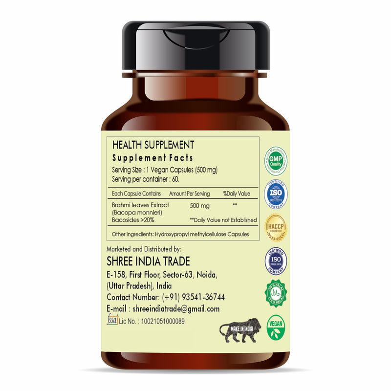 [Australia] - Brahmi Extract 500mg - 60 Vegetarian Capsules|Bacopa Monnieri Bacosides| All Natural | 100% Vegan | Gluten-Free | GMP Certified Brahmi 60 Count (Pack of 1) 