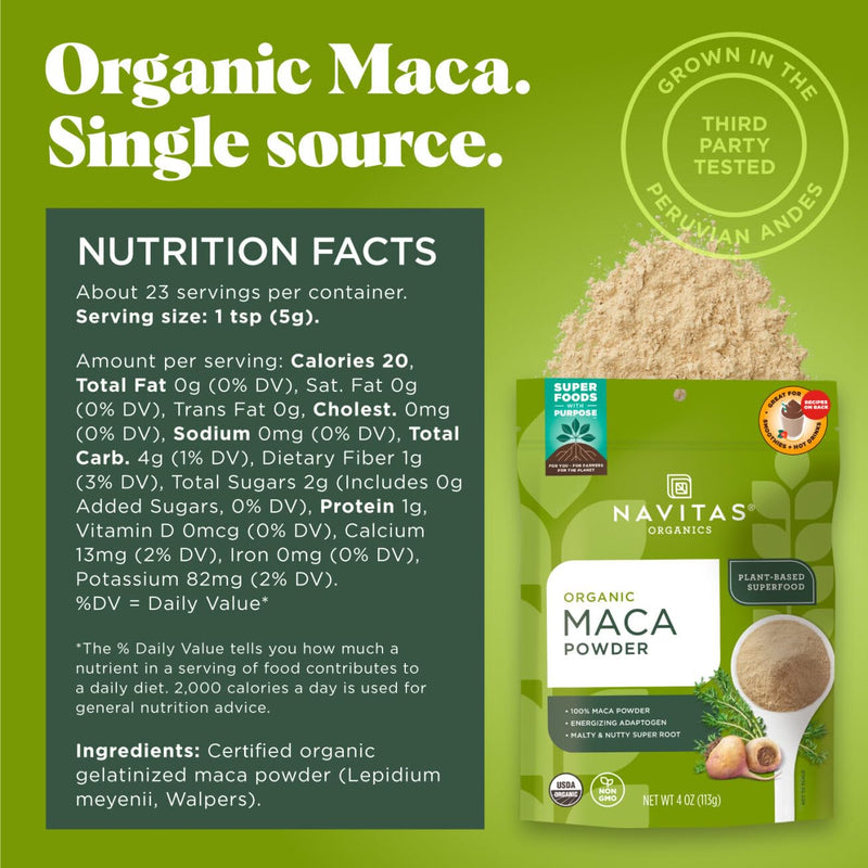 [Australia] - Navitas Organics Maca Powder ‚Äì 100% Gelatinized Peruvian Maca for Adaptogen Smoothies, Lattes, Baking & More ‚Äì Energize & Balance - USDA Organic, Non GMO, Vegan, Gluten Free (4oz. Bag, 23 Servings) 4 Ounce (Pack of 1) 