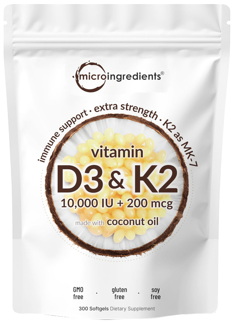 Micro Ingredients Vitamin D3 10,000iu + K2 200mcg Coconut Oil Softgels & Vegan Omega 3 Algae Oil Supplement Bundle 2 Pack | Essential Sunshine Vitamins | Omega-3 Full Spectrum Alternative to Fish Oil