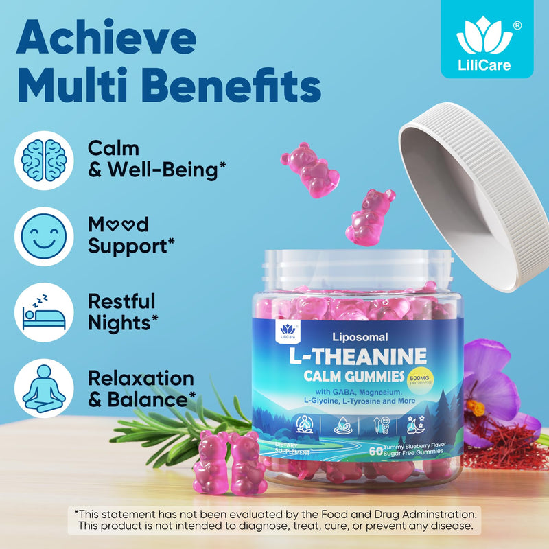 L Theanine Calm Gummies 500mg + Saffron + Magnesium Glycinate + GABA, 60Cts | Sugar-Free Liposomal L-Theanine Supplement, w/Ashwagandha, Algae Omega-3, Vitamin D3 B12, for Brain Calm, Relax, Mood, Zzz 60 Count (Pack of 1)
