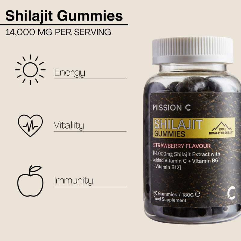 Shilajit Gummies - Pure, Himalayan - 14000 mg per Serving - High Grade - with Added Vitamin C, B6 and B12, Contains 85 Minerals, Immune System & Vitality Booster, Vegan - Lab Tested - Mission C