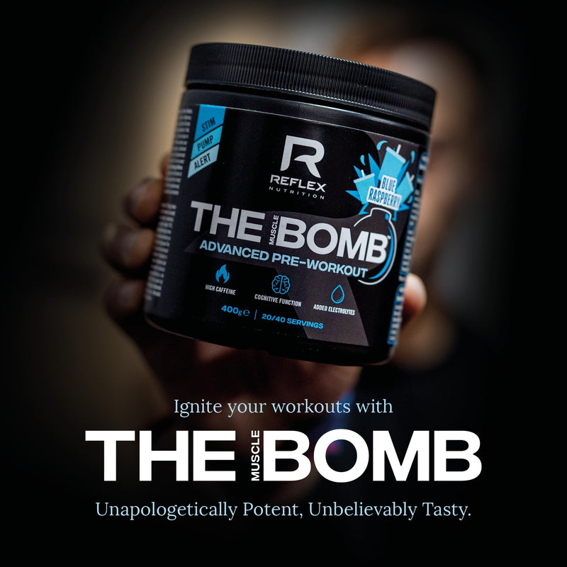 Reflex Nutrition The Muscle Bomb Caffeine Pre Workout Powder - 350mg Caffeine, 9g Citrulline Malate, 2.5g Beta Alanine - Energy, Pump & Focus for Explosive Workouts (Blue Raspberry, 400g, 20 Servings) Blue Raspberry