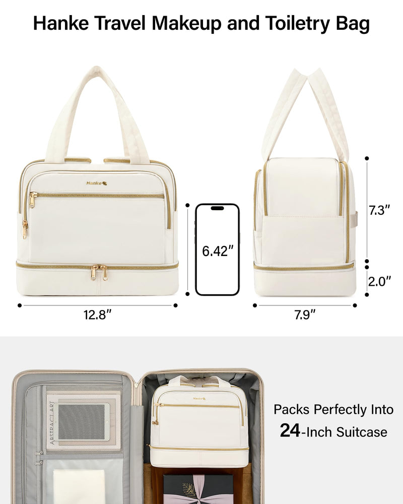 Hanke Travel Toiletry Bag, Lightweight Wide-open Large Toiletry Bags for Women, Dual-Layer Makeup Bag Water-Resistant Cosmetic Travel Bag with Handle for Accessories, Essentials, Off White