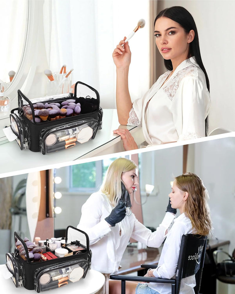 TANTO Makeup Brush Case, Clear Extra Large Cosmetic Organizer Holder Professional Makeup Artist Train Case with Adjustable Dividers&Strap Portable Makeup Brush Holder (02A-Black（XX Large）) A3-Black-Clear Style XX-Large