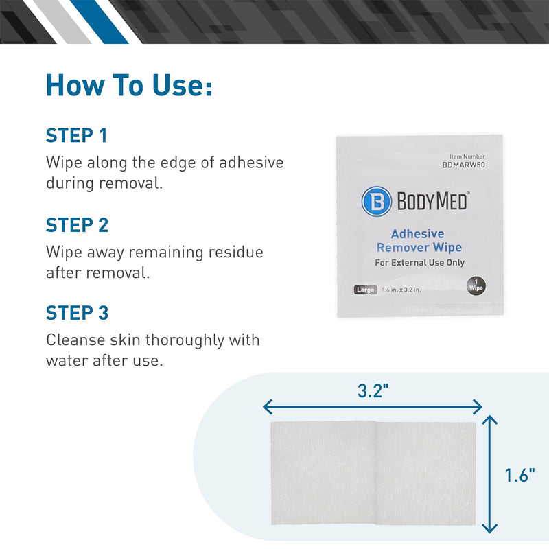[Australia] - BodyMed Adhesive Remover Wipes - Skin Cleaning Wipes for Removing On-Skin Adhesives, Skin Barriers, Tape, and Hydrocolloid Dressings - 1.6 x 3.2 Inch Wipes - 50 Wipes Per Box 