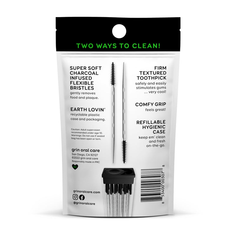 [Australia] - Grin Charcoal Infused Softstx, Gentle Dental Picks, 90 Count, Soft Flexible Bristles, Textured Plaque Removing Toothpick, Minty Flavor, for Between Teeth, Refillable Hygienic Case 90 Count (Pack of 1) 