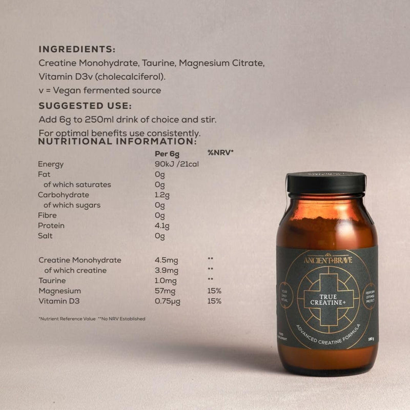 Ancient + Brave True Creatine+ - 180g - Premium Creatine Monohydrate Powder - 100% Micronised - High Performance, Strength Building - Muscle Recovery, Cognitive Function & Wellness 180g Jar