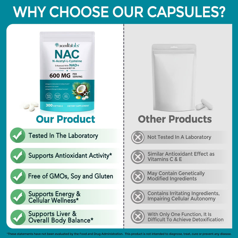 NAC N-Acetyl L-Cysteine 600mg Softgels with NAD+ & MCT Oil, Enhanced Absorption Formula, 300 Softgels Supplements (100 Day Supply), Non-GMO, Gluten Free, Lab Tested NAC Supplement