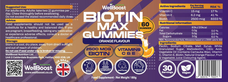 WellBoost Biotin Gummies – 2500mcg Biotin, 25mg Vitamin C & 6.2mg Vitamin E – Vegan with Orange Flavour – Hair, Skin & Nails Support – Adults (1 Month Supply)