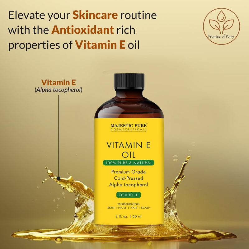 Majestic Pure Vitamin E Oil 100% Pure & Natural Body Oil - 2 Fl Oz | Ideal for Skin, Nails, Face Oil, Hair Oil - 70,000 IU- Cold Pressed Hexane Free Non-GMO Gluten Free Formula 2 Fl Oz (Pack of 1)