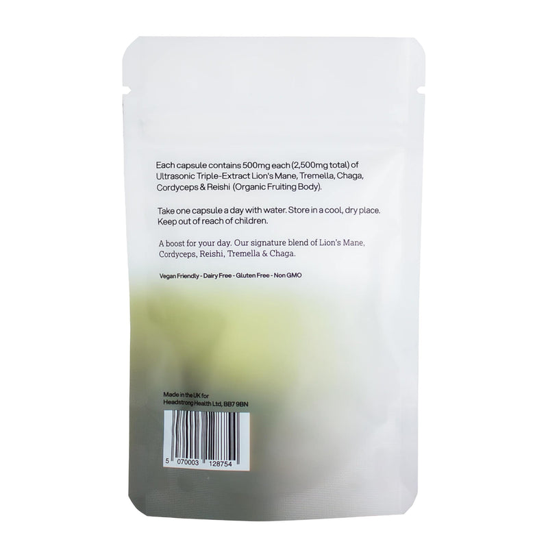 Headstrong 5 Mushroom Blend Capsules, 90% Active Compound Yield, Ultrasonic Triple-Extract, 30 Day Supply, 2,500mg per Capsule.