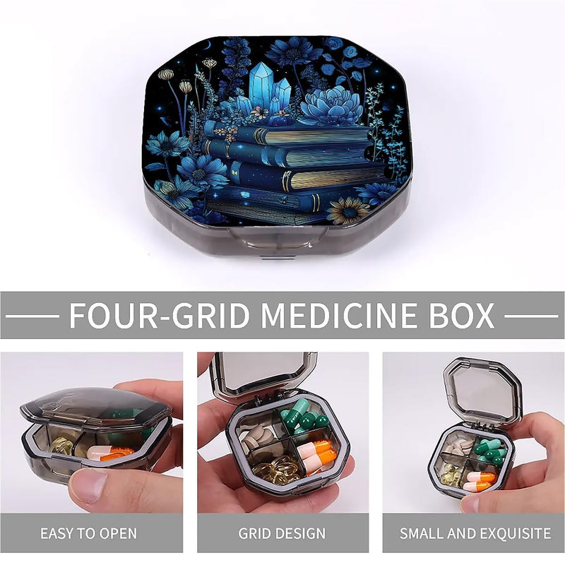 4 Compartment Books Blue Crystal Flowers Travel Pill Organizer, Watertight Portable Daily Pill Box for Vitamins, Fish Oil, Medicine & Small Items - BPA-Free Food Grade Material 4 Compartment