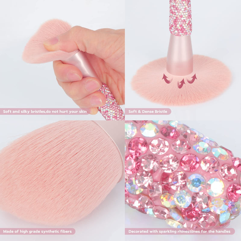 KEYPOWER Large Capacity Glitter Sequin Cosmetic Bag Apricot & 11PCS Makeup Brushes Bling Crystal AB Pink