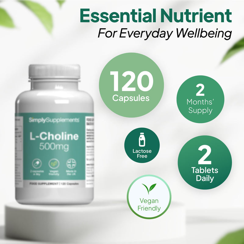 L-Choline Capsules | High-Strength 500mg Active Choline | Suitable for Vegans & Vegetarians | 120 Capsules = 2 Months' Supply | Manufactured in The UK in Accordance with GMP Standards New Label Design