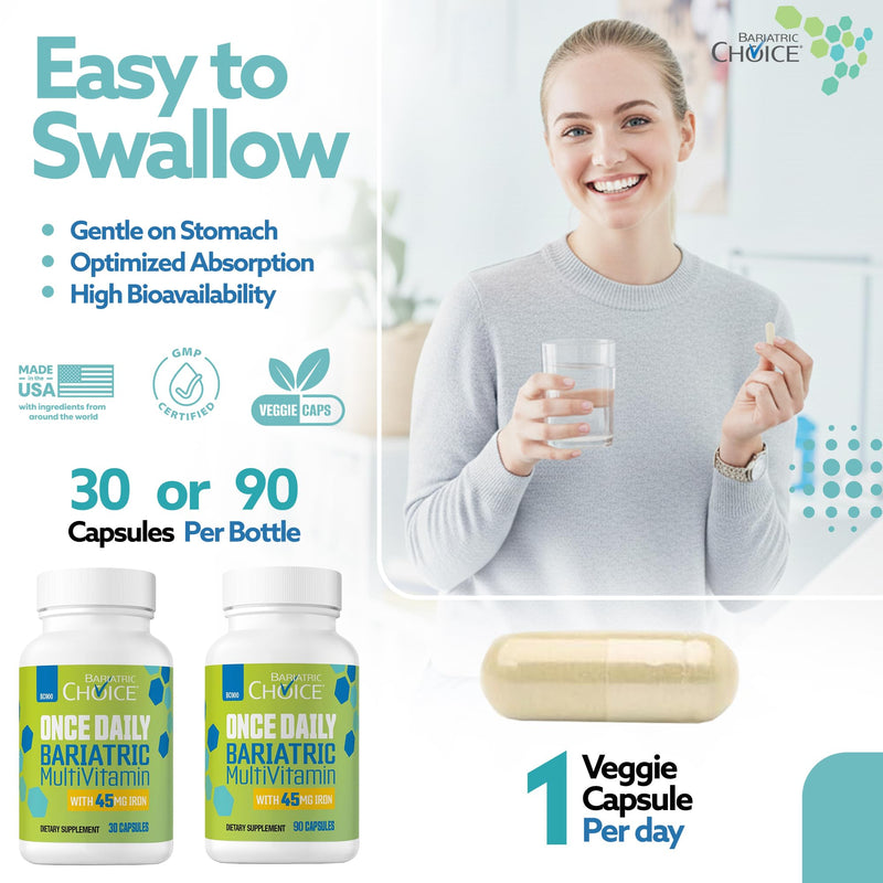 Bariatric Choice Once Daily Bariatric Multivitamin with Iron 45mg, 3 Months | 3-Mo Supply, Once Daily Easy-to-Swallow Capsule for Gastric Bypass & Sleeve Patients – High Potency Vitamins A, D, B12, More 1 Count (Pack of 90)