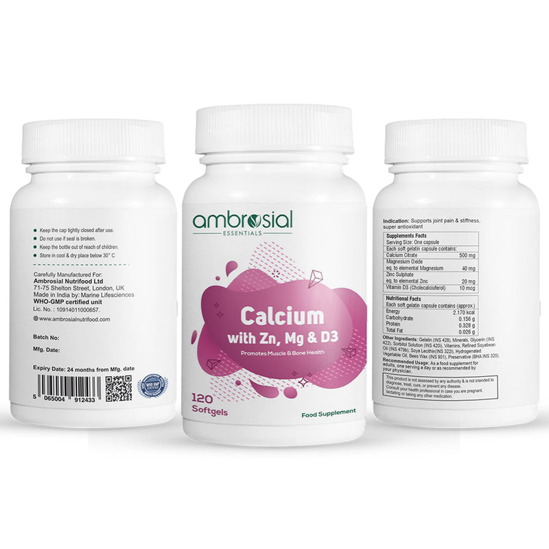 Ambrosial Calcium Magnesium Zinc + D3 – 4-in-1 Mineral Complex with Calcium Citrate – High Strength Daily Formula – 120 Softgel Capsules – Non-GMO, Gluten-Free, GMP Certified 120 count (Pack of 1)