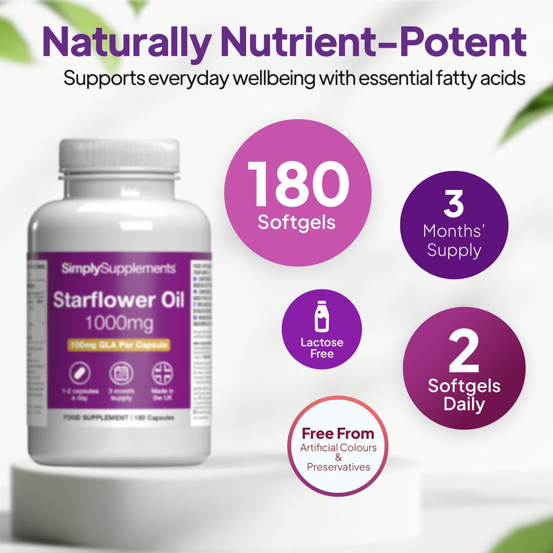 Starflower Oil 1000mg | High Strength Borage Oil Softgels with GLA | 180 Softgels | Cold-Pressed | Made in The UK Unflavoured 1 count (pack of 180)