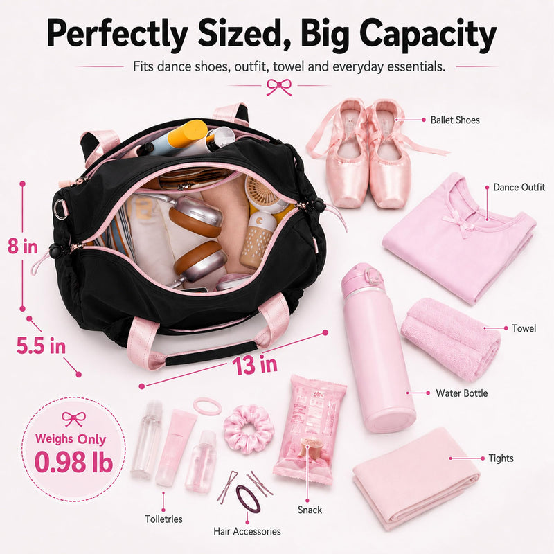LEDAOU Dance Bag for Girls, Initial Ballet Duffle, Travel and Overnight Bag | 13-inch personalized dance duffle with 2 compartments, wet-dry pocket and adjustable strap for travel, overnights and gifts. Black Initial C