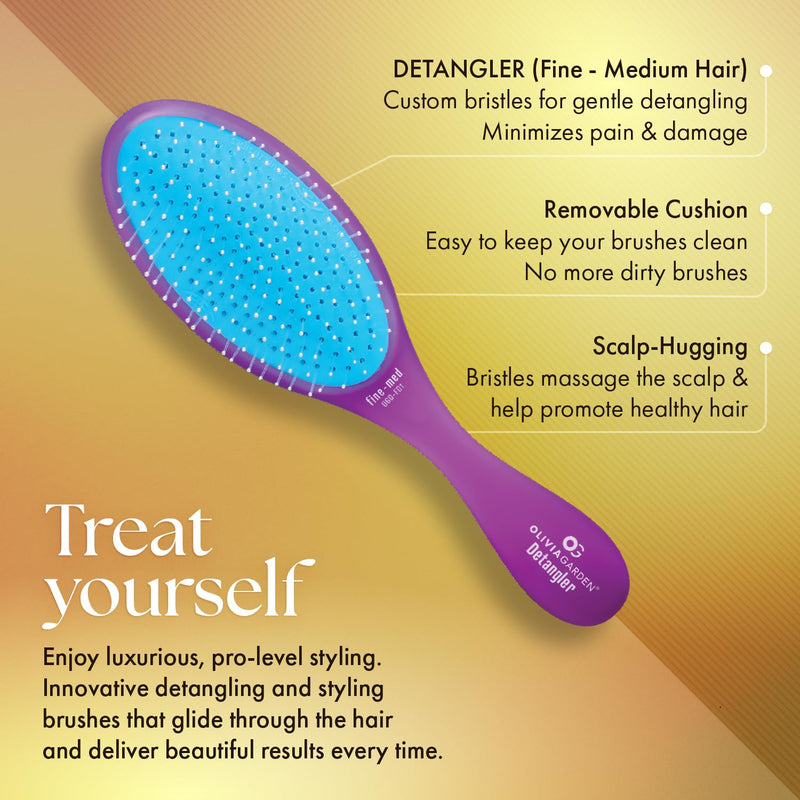 Olivia Garden OG Brush Detangler, removable cushion, scalp hugging shape massages the scalp, for wet or dry hair, for women, men and children, Fine to Medium hair, Purple Detangler Fine-Medium