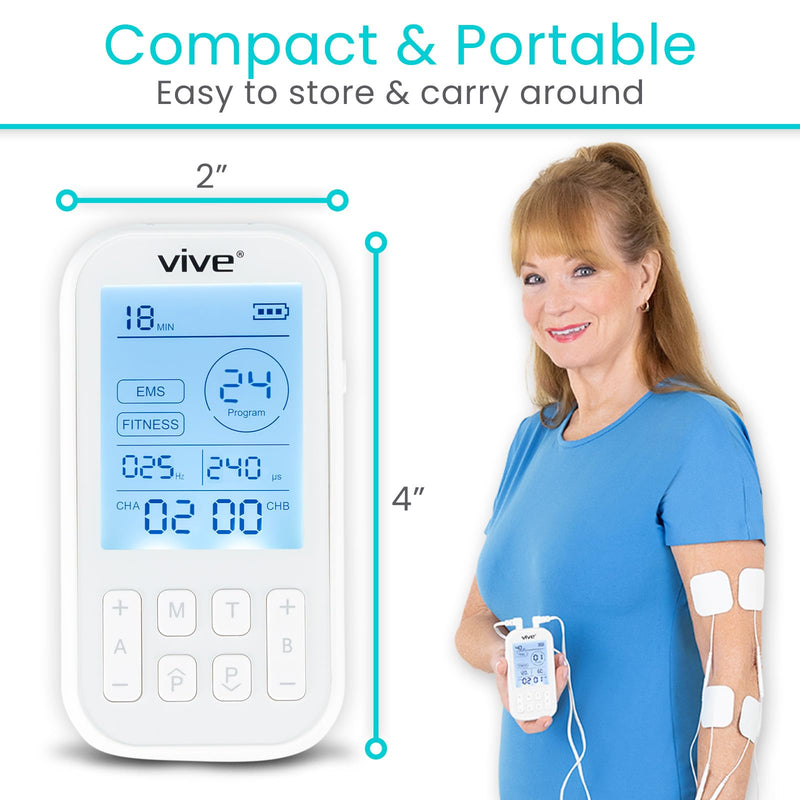 Vive Stim Machine for Muscle Recovery - 24 Mode Tens Unit Stimulator for Pain Relief Therapy - 24 EMS & 12 Fitness Models with Electrodes for Period Cramps, Physical Therapy - Stimulation Device