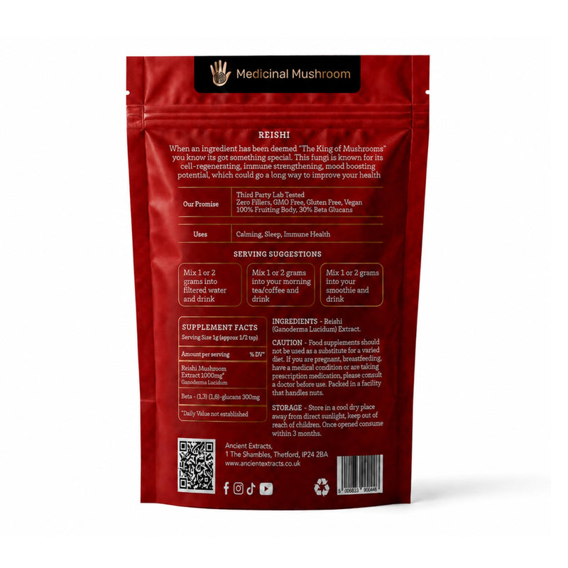 Ancient Extracts Reishi Mushroom Powder 15:1 Extract (60 servings) | Promotes Immune Health & Stress Support | 1 Serving Equals 15,000mg of Raw Mushroom | 30% Beta Glucans | Tested for Purity & Safety