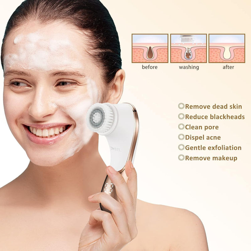 Electric Face Brush Scrubber Rechargeable Facial Exfoliator IPX-7 Waterproof Spin Cleanser Rotating Spa Machine for Exfoliating, Massaging and Deep Cleansing with 4 Brush Heads White & Rose Gold