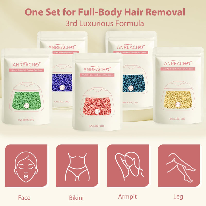 [Australia] - Wax Beads, Anreacho 1.1 lb Hard Wax Beans for Hair Removal, Brazilian, Bikini, Face, Eyebrows, Underarms, Chest, Back, Legs, Wax Refill for Women & Men, Pack of 5 
