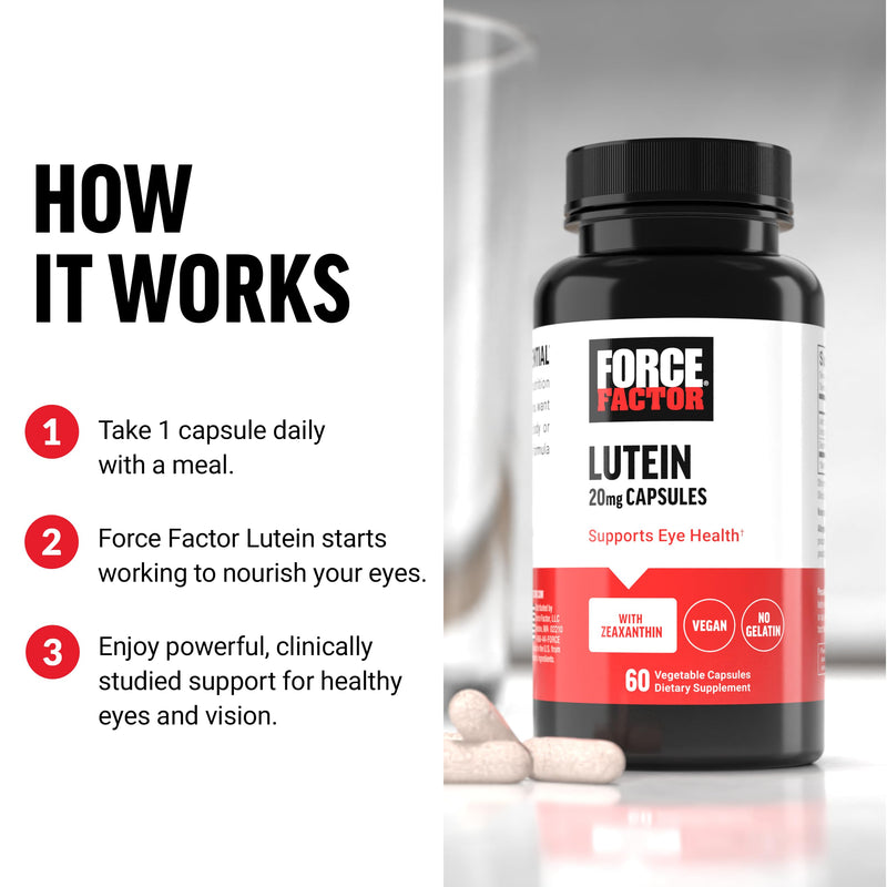 Force Factor Lutein and Zeaxanthin Supplements, Eye Vitamins | with Lutein 20mg, Eye Health Supplements for Adults, Vegan, Gelatin Free, 60 Vegetable Capsules 60 Count (Pack of 1)