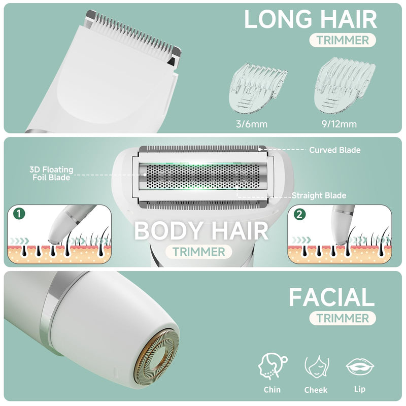 Bikini Trimmer for Women, 3 in 1 Electric Shaver for Womens,Painless Personal Body Hair Groomer,Smooth Hair Trimmer for Legs Body Facial Hair, IPX7 Waterproof